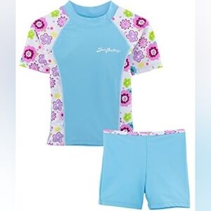 SunBusters Girls UV UPF50+ 2-Piece Fitted Rash Swim Set Blue Floral 4-5 Year